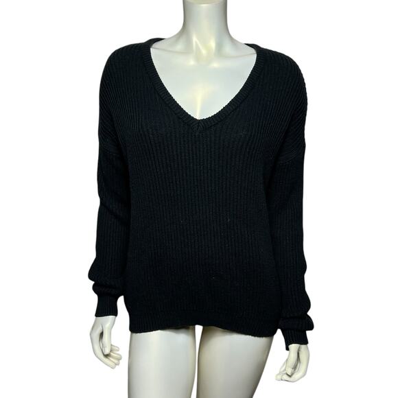 Forever 21 Black Ribbed V-Neck Sweater Classic Long Sleeve Pullover Knit Medium - Picture 1 of 8